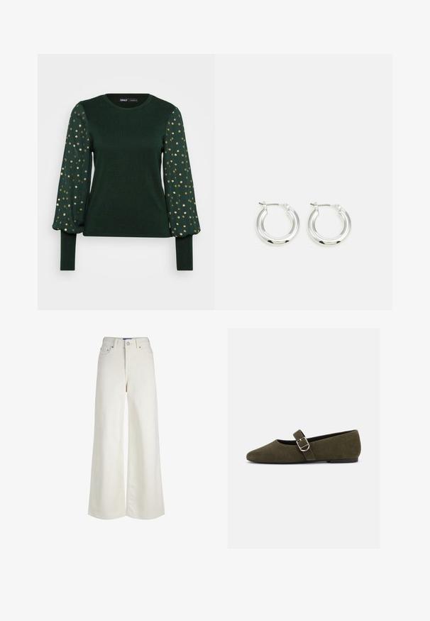Grøn langærmet top med en tekstureret krop og puffy ærmer, der har spredte guldprikker. Rund halsudskæring og tætsiddende manchetter.; Høj talje, vidde ben, hvide denimjeans med forreste knap- og lynlås-lukning, bæltestropper og lommedetaljer.; Æblegrøn ruskind Mary Jane flad sko med sølvspænde og rundet tå, vist på en hvid baggrund.; Sølv hoop-øreringe med en poleret finish, der har en cirkulær form og en hængslet lukning. Glat tekstur med minimal detaljering.