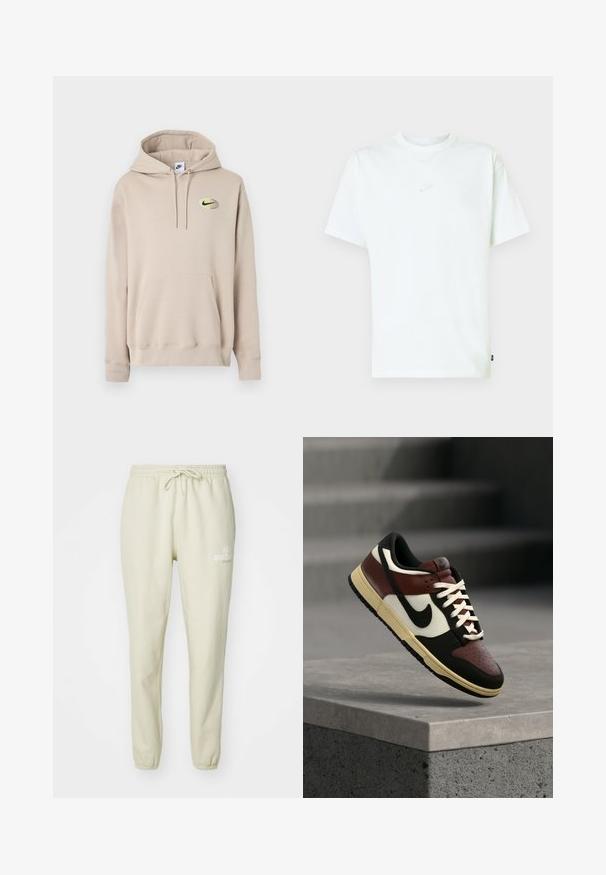 Beiger Kapuzenpullover mit Kängurutasche vorne und kleinem schwarzem Nike-Logo in einem gelben Oval auf der linken Brust.; Weißes Baumwoll-T-Shirt mit Rundhalsausschnitt, kurzen Ärmeln und kleinem, reliefgeprägtem Nike-Logo auf der Brust. Weiche Textur und lockere Passform.; Helle beige Sweatpants aus weichem Stoff, mit elastischem Bund und Kordelzug, gerippten Knöcheln und kleinem, gedrucktem Logodetail.; Low-Top Nike Sneaker in Schwarz, Braun, Weiß und Creme, schwebend über einer Betonbrüstung mit Treppen im unscharfen Hintergrund.