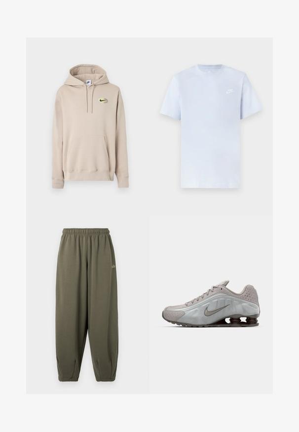 Beige hættetrøje med forlommekangaroo og lille sort Nike-logo inde i en gul oval på venstre bryst.; Lyseblå bomulds t-shirt med korte ærmer, rund hals og et hvidt Nike-logo trykt på venstre bryst. Glat tekstur, simpelt design.; Grågrønne sweatpants med elastisk talje og manchetter. Har minimal branding i matchende tråd på siden. Blød tekstur.; Nike løbesko i lysegrå med en glat tekstur, buet design og synlige støddæmpningsfjeder i mørkebrun ved hælen.