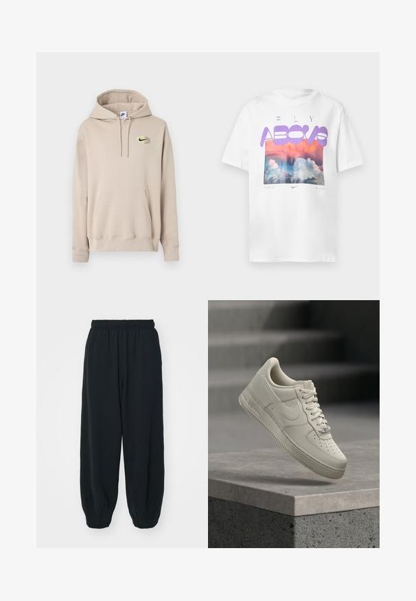 Beiger Kapuzenpullover mit Kängurutasche vorne und kleinem schwarzem Nike-Logo in einem gelben Oval auf der linken Brust.; Weißes Baumwoll-T-Shirt mit einem bunten Wolkengrafik, dem Schriftzug "FLY ABOVE" in lila Text und dem Nike-Logo darunter mit dem Satz "ES GIBT KEINE GRENZEN."; Schwarze Sweatpants mit elastischem Bund, lockerer Passform, gerippten Beinabschlüssen, glatter Textur und ohne sichtbare Muster oder Hardware-Akzente.; Ein einzelner beigefarbener Sneaker mit Schnürsenkeln schwebt über einer grauen Betonfläche, Nike-Swoosh sichtbar, Treppenhintergrund unscharf.