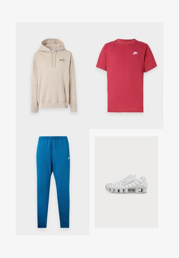 Beež kapuutsiga pusa esikülje känguru tasku ja väikese musta Nike logoga kollase ovaali sees vasakul rinnal.; Punane lühikeste varrukatega Nike T-särk valge logoga vasakul rinnal, ümara kaelusega ja lihtsa mustriga neutraalsel taustal.; Sinised dressipüksid elastse vöökohtaga ja reguleeritava stringiga. Tootel on valge logo reiele ja kitsenevad mansetid pahkluude juures.; Valge spordijalats unikaalse vedelikkusarnase tallaga ja hõbedase Nike swoosh logoga külje peal, näidatud välisküljelt.