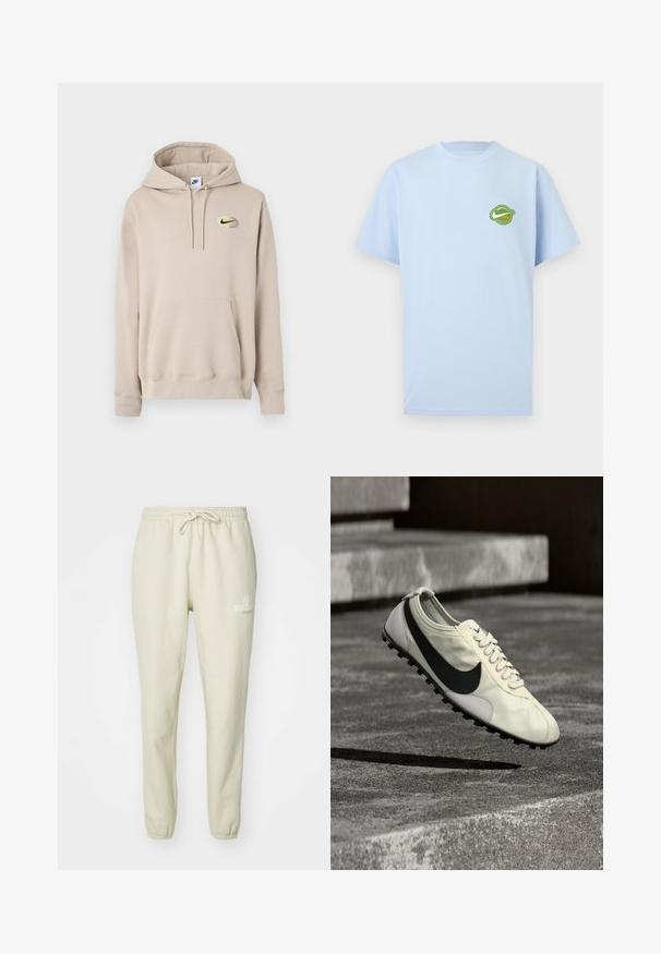 Béžová mikina s kapucňou, predným vakovým vreckom a malým čiernym logom Nike v žltom ovále na ľavej strane hrudníka.; Svetlomodré tričko s krátkym rukávom a malým zeleným kruhovým logom s bielym a oranžovým textom na ľavej strane hrudníka.; Svetlé béžové tepláky vyrobené z jemnej tkaniny, s elastickým pásom a šnúrkou, manžetami na členkoch a malým potlačeným logom.; Biela teniska Nike s čiernym logom Swoosh, šnúrkami a gumovou podrážkou s trakciou, zobrazená vo vzduchu nad betónovým schodiskom.