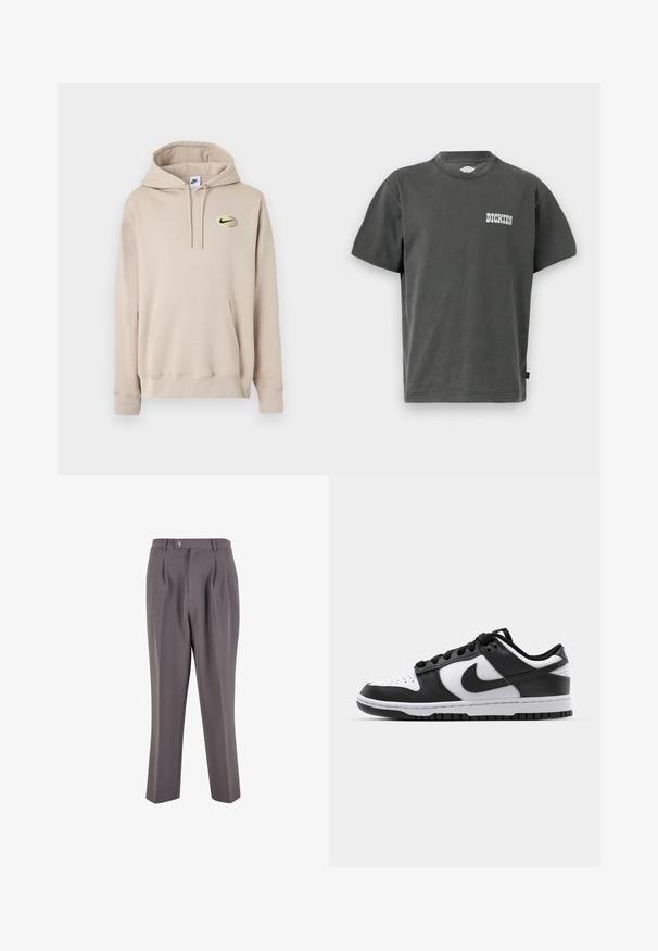 Beige hættetrøje med forlommekangaroo og lille sort Nike-logo inde i en gul oval på venstre bryst.; Mørkegrå kortærmet t-shirt med rund hals, med "DICKIES"-logo trykt i hvidt på venstre bryst.; Grå plisserede bukser lavet af glat stof, med lige ben-design, en enkelt knaplukning og skrå sidelommer.; Sort og hvid Nike Dunk sneakers med læderoverdel, perforeret tå, sorte snørebånd og en sort gummisål med slidbanedesign.