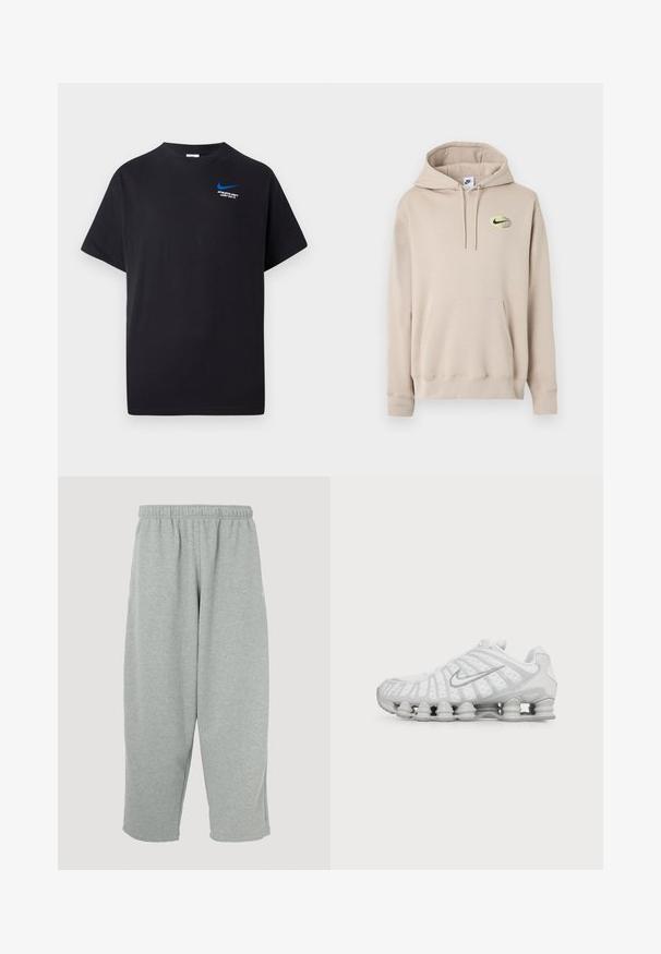 Béžová mikina s kapucňou, predným vakovým vreckom a malým čiernym logom Nike v žltom ovále na ľavej strane hrudníka.; Čierne tričko s krátkym rukávom, s malým modrým Nike swoosh a bielym textom "ATHLETIC DEPT JUST DO IT." na hornej ľavej strane hrudi.; Svetlosivé tepláky s elastickým pásom, zúženým strihom nohavíc a mäkkou textúrou. Bez viditeľného loga alebo vzorov.; Biela bežecká obuv Nike s viditeľnou vzduchom odpruženou podrážkou a strieborným logom Swoosh na boku, zobrazená z vonkajšej strany.