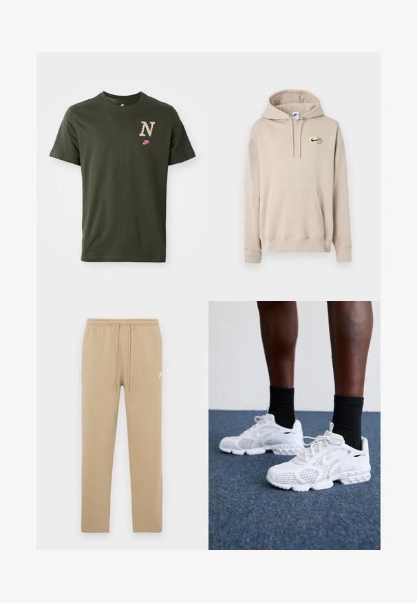 Beiger Kapuzenpullover mit Kängurutasche vorne und kleinem schwarzem Nike-Logo in einem gelben Oval auf der linken Brust.; Olivenfarbener Baumwoll-T-Shirt mit kurzen Ärmeln, ausgestattet mit einem großen gemusterten "N"-Logo in Beige und einem kleinen pinken Nike-Swoosh auf der Brust.; Beige Sweatpants mit elastischem Bund und Kordelzug, mit kleinem weißen Nike-Logo am oberen linken Oberschenkel.; Weiße Sportschuhe mit Mesh-Obermaterial, strukturierten Akzenten und gepolsterter Sohle. Kombieirt mit schwarzen gerippten Knöchelsocken auf einer blauen Teppichoberfläche.