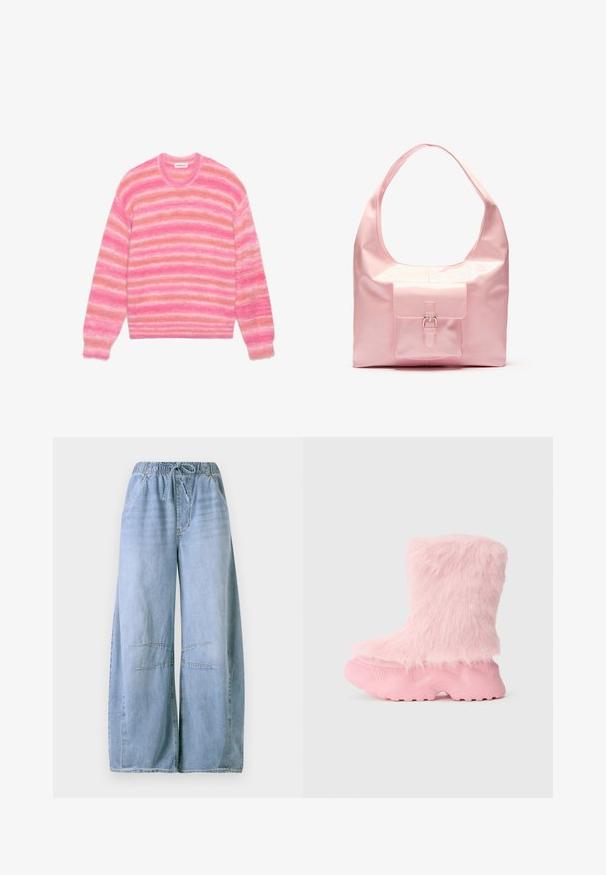 Roze gestreepte trui met een zachte, fuzzy textuur in verschillende tinten roze en licht perzik, ronde halslijn en lange mouwen.; Lichtblauwe denim wijde broek met een elastische tailleband en trekkoord, voorzien van voorkzakken en kruissteekdetails op de knieën.; Robuuste roze laars met een gestructureerde zool en een zachte, fluffige nepbont die de gehele bovenkant bedekt.; Roze handtas met een glanzende afwerking, grote schouderband, voorvak met een decoratieve gesp. Soepele textuur, minimalistisch ontwerp.