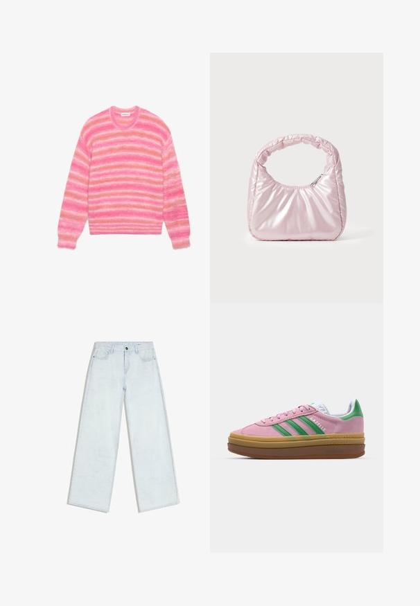 Lyserød stribet sweater med blød, fuzzy tekstur i varierende nuancer af lyserød og lys fersken, rund halsudskæring og lange ærmer.; Lyseblå vidde-jeans med forreste knap og lynlås, bæltestropper og fem-lomme design, lagt fladt på hvid baggrund.; Lyserøde ruskindsneakers med grønne striber, hvide accenter og en brun gummisål. Har tekstureret stof og logodetaljer på siden.; Rosa, polstret håndtaske med afrundet design, lavet af skinnende materiale. Har et samlet håndtag og en lynlås til sikker adgang.
