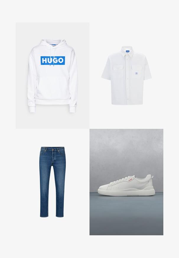 Weißer Hoodie mit einer vorderen Kängurutasche, ausgestattet mit einem blauen rechteckigen Grafikdesign, auf dem "HUGO" in fetter, weißer Schrift steht. Mit Kordeln an der Kapuze.; Weißes kurzarm Hemd mit Button-Down-Kragen, zwei Fronttaschen und einem blauen Logoetikett. Hergestellt aus glattem Stoff mit taillierter Passform.; Blaue Denim-Jeans mit geradem Schnitt, ausgestattet mit fünf Taschen, Gürtelschlaufen und einem Knopfverschluss. Leichte Abnutzungsspuren und kontrastierende Nähte.; Weiße Sneaker aus glattem Leder, runde Spitze, vier Ösen, dezente Perforationen und ein rotes Logodetail an der Seite.