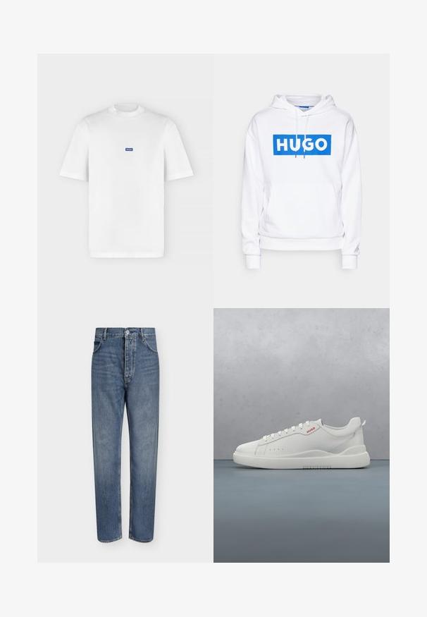 Weißer Hoodie mit einer vorderen Kängurutasche, ausgestattet mit einem blauen rechteckigen Grafikdesign, auf dem "HUGO" in fetter, weißer Schrift steht. Mit Kordeln an der Kapuze.; Weißes T-Shirt mit kurzen Ärmeln und Rundhalsausschnitt mit einem kleinen blauen rechteckigen "HUGO" Logo, das auf der Brust zentriert ist.; Gerade geschnittene blaue Jeans aus Denim mit hoher Taille, Frontknopfverschluss und Fünf-Taschen-Design auf einem schlichten hellen Hintergrund.; Weiße Sneaker aus glattem Leder, runde Spitze, vier Ösen, dezente Perforationen und ein rotes Logodetail an der Seite.