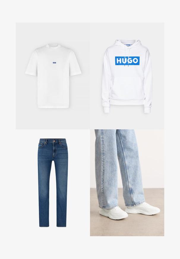Hvid hættetrøje med en front kangaroo lomme, med et blåt rektangulært grafisk design med "HUGO" i fed hvid skrift. Snore i hætten.; Hvid t-shirt med kortærmet rund hals og et lille blåt rektangulært "HUGO" logo centreret på brystet.; Blå denimjeans med lige ben i designet, som har en knaplukning, fem lommer og en subtil falmning på stoffet.; Hvide atletik sneakers med et glat, formet design og teksturerede såler, parret med lyseblå, løstsiddende denim jeans.