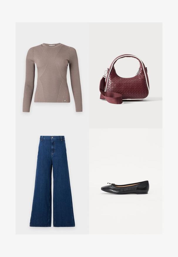 Langärmliger, gerippter Pullover in hellem Taubengrau, mit einem figurbetonten Design, strukturierten Mustern und einem kleinen Logo-Akzent am Saum.; Replay PANTS - Jeans Straight Leg - dark blue; Schwarze Ballerinas mit spitzer Zehe, aus glattem Leder gefertigt. Sie verfügen über einen kleinen Schleifenakzent an der Vorderseite und eine flache Gummisohle.; Dunkelrote gewebte Ledertasche mit gebogenem Griff, weißem Besatz, silbernem Reißverschluss und abnehmbarem breitem Stoff-Schulterriemen vor einfarbigem Hintergrund.