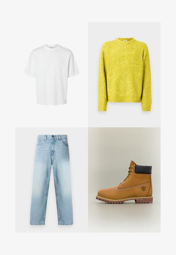 Gul strikket sweater med ribbet tekstur, rund halsudskæring og lange ærmer; har en lille logo på brystet.; Enkel hvid t-shirt med korte ærmer, rund hals og løs pasform vist på hvid baggrund.; Lyseblå jeans med lige ben, som har en falmet finish, fem-lomme-design og synlige syninger langs sømmene. Fremstillet af bomuldsdenim.; Brun læderankelstøvle med sort krave, gule snørebånd og tanfarvet sål. Har logo og hvide syninger som detalje. Robust ydersål med greb.