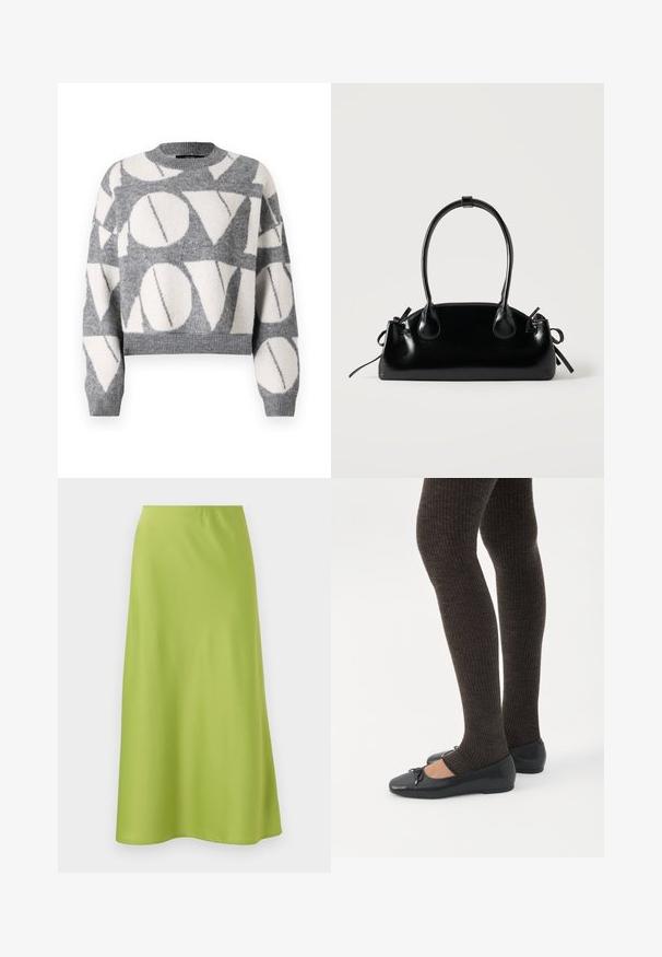 Vero Moda VMLOVE O NECK PULLOVER - Pullover - medium grey melange/birch solid; Jupe mi-longue en tissu lisse et vibrant vert lime. Présente un design simple et ajusté avec une taille élastique et une silhouette fluide.; Jambes portant des leggings côtelés foncés associés à des ballerines noires avec de petits détails en nœud sur fond blanc.; Petit sac à main noir brillant avec deux longues anses et des détails à cordon sur les côtés sur un fond clair uni.