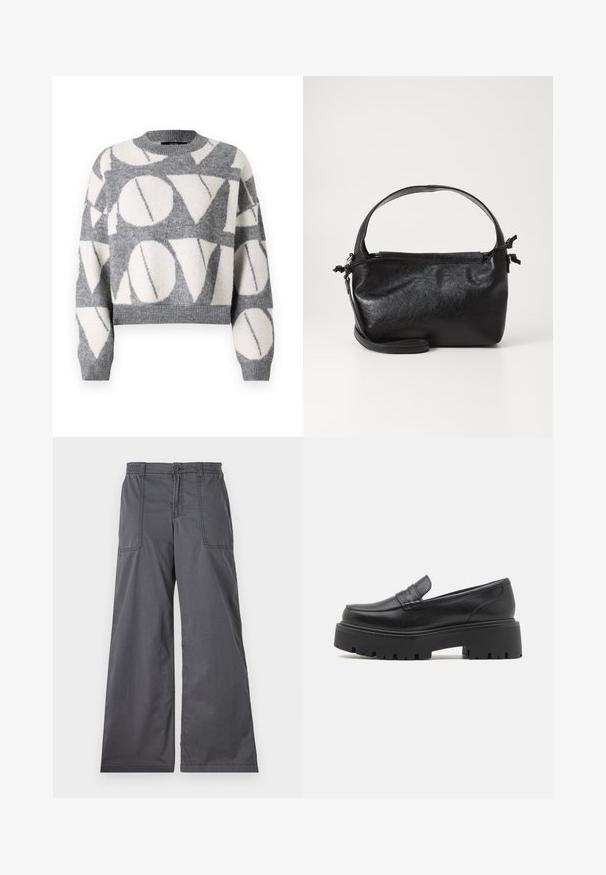 Vero Moda VMLOVE O NECK PULLOVER - Striktrøje - medium grey melange/birch solid; Grå vidde bukser med en glat tekstur, der har forlommer, knaplukning og syede detaljer langs sømmene.; Sorte læder loafers med en lav, grov gummi sål, syede detaljer på overdelen og en glat overflade.; Sort læderhåndtaske med et struktureret design, rund tophåndtag og aftagelig skulderrem. Den har en glat tekstur og en subtil glans.