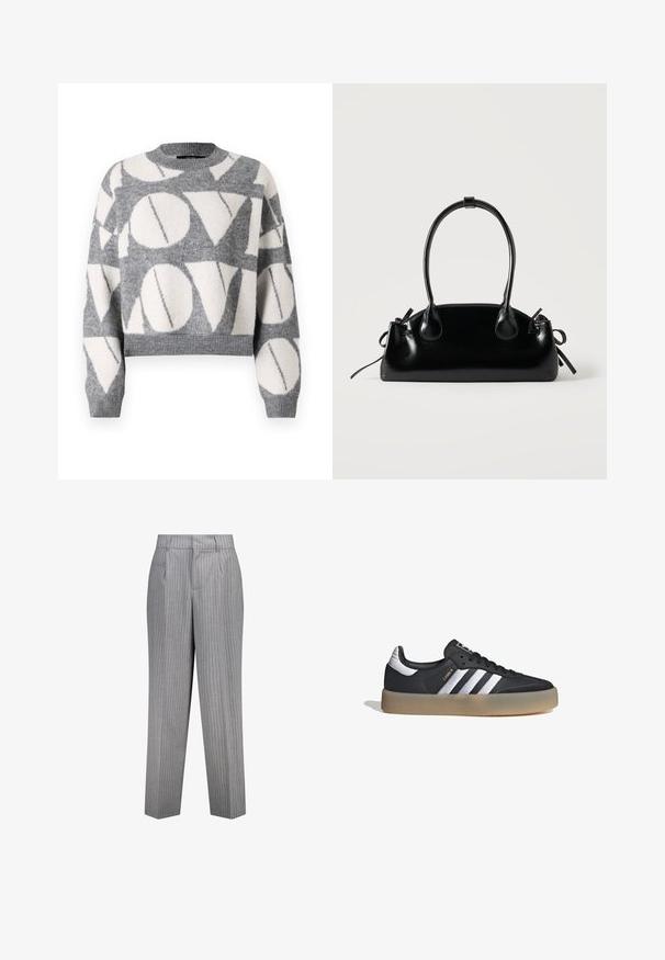 Vero Moda VMLOVE O NECK PULLOVER - Jersey de punto - medium grey melange/birch solid; Pantalones a rayas grises con un corte ajustado, que presentan un diseño de pierna recta, bolsillos laterales y una tela texturizada.; Zapatilla deportiva de cuero negro con tres rayas plateadas, punta texturizada y suela de goma. Cuenta con un collar acolchado y un diseño con cordones.; Pequeño bolso negro brillante con dos asas largas y detalles de cordón lateral sobre un fondo claro liso.