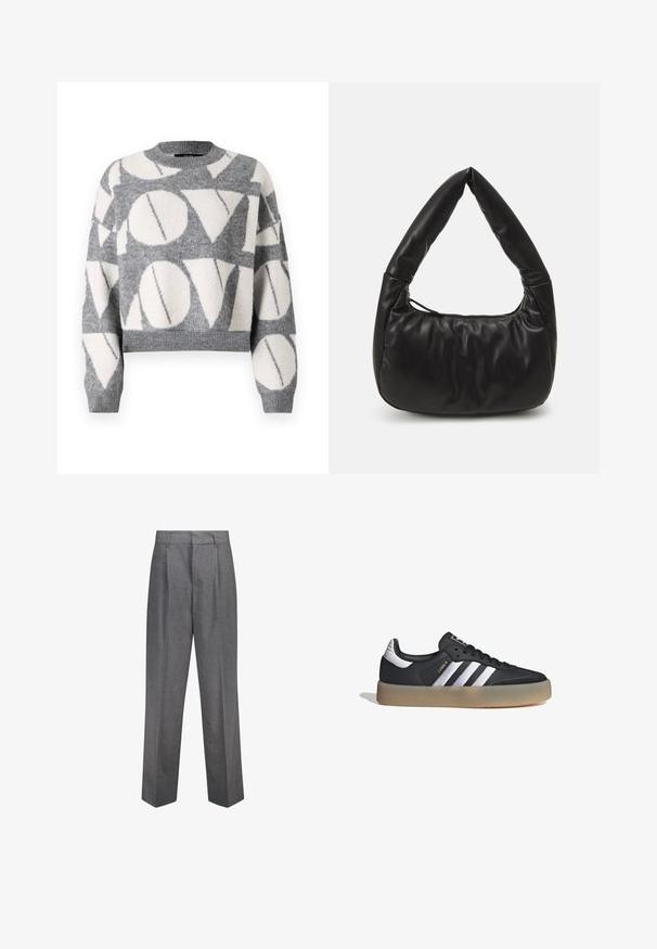 Vero Moda VMLOVE O NECK PULLOVER - Jersey de punto - medium grey melange/birch solid; Pantalones de corte gris con pierna recta, que presentan pliegues frontales, una textura suave y un diseño de cintura clásica.; Zapatilla deportiva de cuero negro con tres rayas plateadas, punta texturizada y suela de goma. Cuenta con un collar acolchado y un diseño con cordones.; Bolso de hombro de cuero negro con un diseño holgado, que presenta un asa anudada distintiva y un cierre con cremallera. Textura suave en toda la superficie.