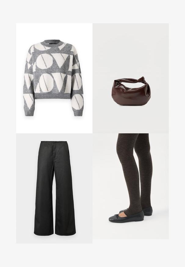 Vero Moda VMLOVE O NECK PULLOVER - Striktrøje - medium grey melange/birch solid; Sorte bredbenede bukser med forlommer og høj talje, lavet af et glat stof, præsenteret mod en ensfarvet lys baggrund.; Ben iført mørke ribbede leggings kombineret med sorte balletsko med små sløjfedetaljer på hvid baggrund.; Mørkebrun læder skuldertaske med en blød, afslappet form og et snoet knudehåndtag på en ensartet hvid baggrund.