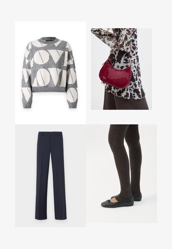 Vero Moda VMLOVE O NECK PULLOVER - Striktrøje - medium grey melange/birch solid; Marineblå lige ben bukser lavet af et glat stof. Har en frontknaplukning og sidelommer. Simpelt og moderne design.; Ben iført mørke ribbede leggings kombineret med sorte balletsko med små sløjfedetaljer på hvid baggrund.; Kvinde iført en sort- og hvidmønstret bluse, der holder en blank rød skuldertaske mod en ensfarvet baggrund.