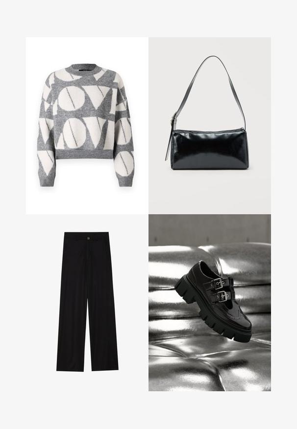 Vero Moda VMLOVE O NECK PULLOVER - Pullover - medium grey melange/birch solid; Pantalons noirs à jambes larges en tissu lisse, avec poches avant et fermeture à bouton à la taille. Design minimaliste sans motifs.; Chaussure noire à semelle épaisse avec double boucle argentée flottant au-dessus d'une surface matelassée argentée métallique brillante.; Sac d'épaule rectangulaire noir avec une sangle réglable unique et une fermeture éclair supérieure sur un fond uni.