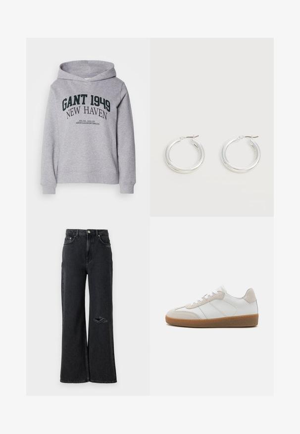 Vaaleanharmaa huppari, jossa etupuolella teksti "GANT 1949 NEW HAVEN" ja pienempi teksti "American Sportswear" alla. Hupparissa on pitkät hihat ja huppu.; Laaja lahje mustat farkut korkealla vyötäröllä, joissa on revitty haava vasemmassa polvessa ja klassiset metallinapit sekä niitit.; Valkoiset nahkakengät, joissa on beige mokkanahkakorostukset, teksturoitu kieli ja kumipohja. Varustettu valkoisilla nauhoilla ja hillityillä ompeluympäröillä.; Pari keskikokoisia kiiltäviä hopeanvärisiä renkaanmuotoisia korvakoruja, joissa on ohuet metalliklipsit vaalealla neutraalilla taustalla.