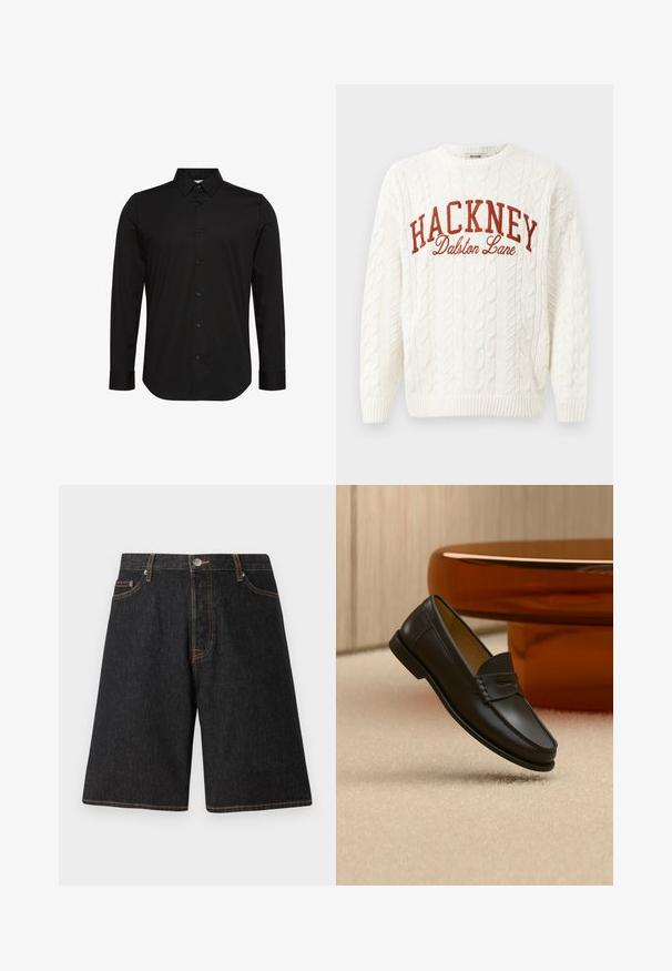 Suéter de punto blanco con cuello redondo, que presenta texto bordado en rojo "HACKNEY" y "Dalston Lane" en el frente.; Camisa negra de manga larga hecha de tela suave, con un cuello puntiagudo, cierre frontal con botones y un pequeño logo en el pecho.; Pantalones cortos de mezclilla negra con corte recto, con costuras naranjas, cinco bolsillos y un cierre de botón de metal en la cintura.; Zapato mocasín de cuero negro suspendido sobre una alfombra beige con muebles modernos de color ámbar en el fondo.