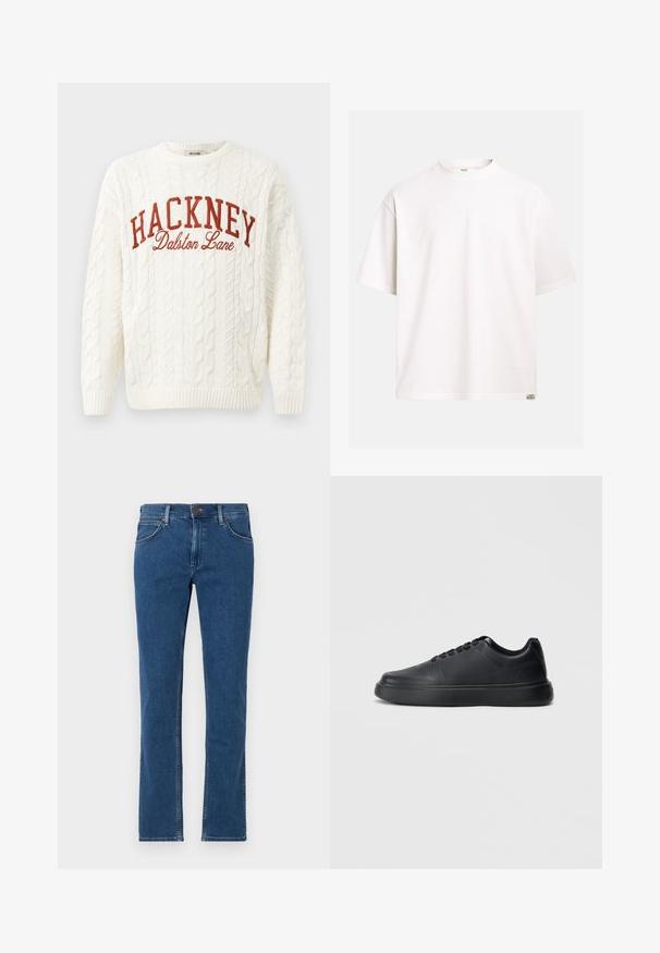Biely sveter z pleteniny s okrúhlym výstrihom, na prednej strane s červeným vyšitým textom "HACKNEY" a "Dalston Lane".; Jednoduché biele tričko s krátkym rukávom a okrúhlym výstrihom, s malou obdĺžnikovou nášivkou „Rebel“ na pravom dolnom okraji.; Modré džínsové nohavice rovného strihu s predným zapínaním na gombík a zips, s pútkami na opasok a s päťvreckovým dizajnom na bielom pozadí.; Čierne športové topánky s hladkým matným povrchom, zaoblenou špičkou, textúrovanými bočnými panelmi a hrubou gumovou podrážkou so vzorovaným dezénom.