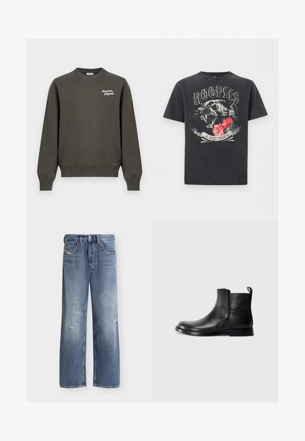 Mørke olivengrøn crewneck-sweatshirt med lange ærmer og lille hvid "Maison Kitsuné"-logo på øverste venstre bryst.; Sort T-shirt med brølende panter, røde blomster og stiliseret tekst "KOOPLES" over og "WILD TOUR" under grafikken.; Blå straight-leg jeans med let slid på begge ben, forlommer, bæltestropper og knaplukning.; Sort læder ankelstøvle med rund tå, elastiske sidepaneler og en tekstureret bagside. Har en flad gummisål og strop til at trække i.