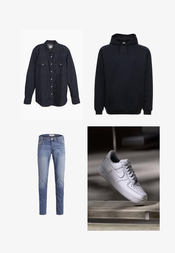 Schwarzer Kapuzenpullover aus Baumwolle. Verfügt über eine Kängurutasche, gerippte Bündchen und Kordeln an der Kapuze. Schlichtes, lockeres Design.; Dunkelblauses Denim-Hemd mit langen Ärmeln und spitzem Kragen, zwei Brusttaschen, weißen Knöpfen und kontrastierendem gelbem Stich. Glattes, robustes Material.; Schmale blaue Jeans aus Denim, mit einer ausgeblichenen Waschung, fünf Taschen und einem Reißverschluss mit Knopfverschluss.; Weißer Nike Air Force 1 Sneaker aus Leder mit perforierter Zehenpartie, flachen Schnürsenkeln und strukturierter Gummisohle mit "AIR"-Branding an der Seite.