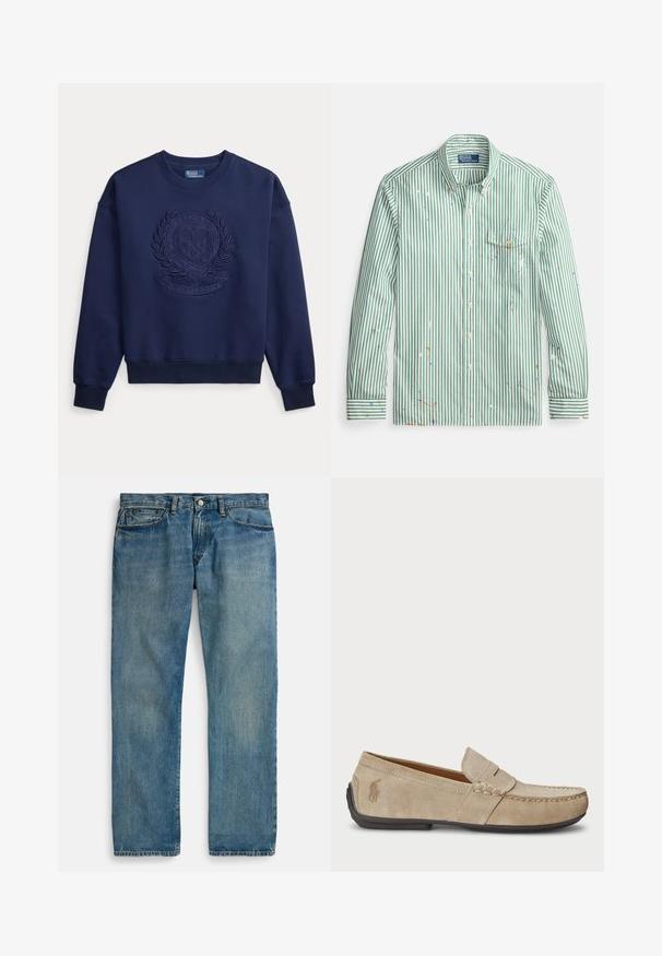 Marineblå sweatshirt med rund hals og præget Polo Ralph Lauren Wimbledon våbenskjold med to tennisketchere og laurbærkrans.; Grøn- og hvidstribet skjorte med knapper, brystlomme og detaljer med malingstænk. Har lange ærmer og krave.; Lyseblå denimjeans med lige ben, der har fem lommer, lukning med knap og diskret falmet effekt for tekstur.; Beige ruskindsloafers med syninger, flad gummisål og et lille logo på siden. Klassisk slip-on design, blød tekstur.