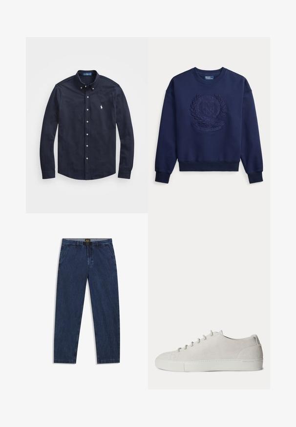 Sudadera azul marino con cuello redondo que presenta el escudo en relieve de Polo Ralph Lauren Wimbledon con dos raquetas de tenis y una corona de laurel.; Camisa de manga larga color navy, con botones en la parte frontal y un pequeño logo blanco en el lado izquierdo del pecho, confeccionada en suave tela de algodón.; Pantalones de mezclilla azul oscuro con corte recto, bolsillos delanteros y una cinturilla gris. Presentan un logo de BOSS en el interior.; Zapatilla blanca de ante bajo con cordones delanteros y suela de goma, diseño minimalista.