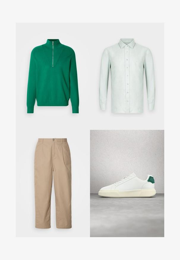 Grüner Pullover mit Reißverschluss, hohem Kragen und V-förmigem Rippmuster vorne. Weiche Textur, lange Ärmel und enganliegende Bündchen.; Hellgrünes Leinenhemd mit langen Ärmeln, vorne mit Knöpfen, Kragen und einem dezenten Logo auf der linken Brustseite.; Beige, leichte Baumwollhosen mit gefaltetem Vorderteil, Knopfverschluss und geradem Bein, die eine glatte Textur und keine sichtbaren Muster aufweisen.; Weißer Sneaker mit niedriger Schaftpartie, grünem Fersenlasche, dicker, cremeweißer Sohle und eingeprägtem Markennamen, dargestellt vor einer reflektierenden Glasblockwand.