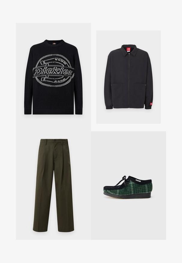 Sort langærmet sweater med stor hvid Dickies-logo strikket tværs over brystet, ribstrikkede manchetter og kant.; Sort lynlåsfrit jakke med krave, to forlommer, elastiske ærmekanter og lille rød logotag på venstre ærme.; Olivengrønne wide-leg bukser lavet af bomuld med en glat tekstur, der har en frontlomme, bæltesløjfer og en enkelt knaplukning.; Grønne og sorte mønstrede sko med en overdel i ruskind, der har en rund tå, snørebånd og en tekstureret gummisål.