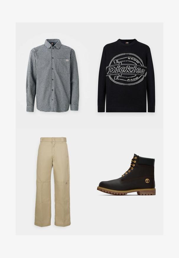 Schwarzer Pullover mit langen Ärmeln und großem weißem Dickies-Logo, das quer über die Brust gestrickt ist, mit gerippten Bündchen und Saum.; Langärmliges, schwarz-weiß kariertes Hemd mit Knopfleiste, Kragen und kleinem Logopatch auf der linken Brusttasche.; Beige, weit geschnittene Hosen aus robustem Stoff, mit hoher Taille, sichtbaren Nähten und einem kleinen Logopatch an der Seite.; Schwarze Leder-Ankle-Boots mit goldenen Ösen, braunen Akzenten und einer Gummisohle. Verfügt über einen gepolsterten Schaft und ein geprägtes Logo an der Seite.