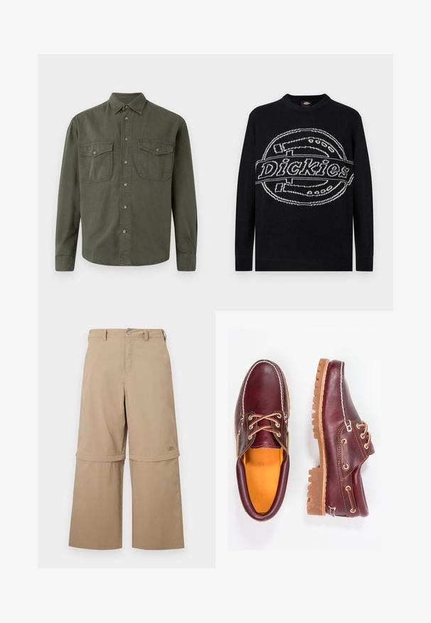 Schwarzer Pullover mit langen Ärmeln und großem weißem Dickies-Logo, das quer über die Brust gestrickt ist, mit gerippten Bündchen und Saum.; Kahki Langarmhemd aus Baumwolle. Mit Knopfverschluss vorne, zwei Brusttaschen mit Klappen und klassischem Kragen. Schlichtes Design.; Beige Cargo-Hose zum Wenden mit abnehmbaren unteren Hosenbeinen, Gürtelschlaufen, Seitentaschen und Knopfverschluss, dargestellt vor weißem Hintergrund.; Bordeauxfarbene Lederschuhe mit braunen Gummisohlen, runder Zehenform, weißen Nähten und goldenen Ösen. Das Innenfutter weist eine gelbe Beschichtung auf.