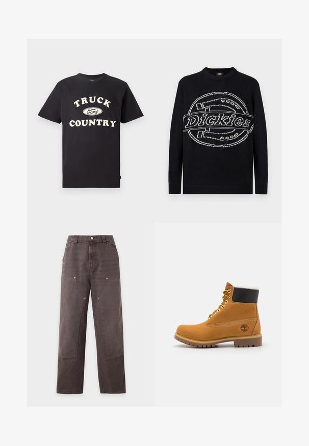 Sort langærmet sweater med stor hvid Dickies-logo strikket tværs over brystet, ribstrikkede manchetter og kant.; Sort bomulds t-shirt med korte ærmer, der har teksten "TRUCK COUNTRY" i cremefarvet og et Ford-logo designet centralt foran.; Brune bukser med lige ben og høj talje, forlommer, bæltestropper og synlige syninger ved knæ og lår.; Brune læder ankelstøvle med metaløjer, hvid pelsforing, sort polstret krave, robust sål og præget logo på siden.