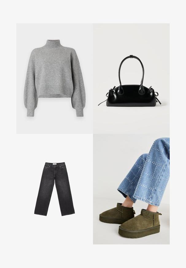 Grauer, geschnittene Pullover mit hohem Kragen, gerippten Bündchen und Saum sowie überschnittenen Schultern. Weicher Stoff mit minimalen Nähten.; Schwarze Jeans mit weitem Bein aus dunklem Denim, fünf Taschen-Design und einem Etikett am Bund. Glatte Textur mit dezentem Verblassen.; Olivgrüne Wildleder-Ankle Boots mit einer dicken, strukturierten Sohle und einem Zugriemen. Kombiniert mit hellblauen, verzierten Jeans.; Kleine schwarze glänzende Handtasche mit zwei langen Griffen und seitlichen Kordelzug-Details vor einfachem hellem Hintergrund.