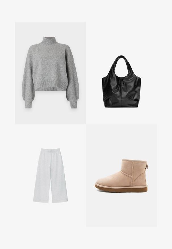 Grijze cropped trui met een hoge halslijn, geribde boorden en zoom, en verlaagde schouders. Zachte textuur met minimale naden.; Lichtgrijze wijde broek van zacht materiaal met een elastische tailleband. Het ontwerp heeft een losse pasvorm voor comfort en bewegingsvrijheid.; Beige suède enkellaars met een ronde neus, gestikte accenten en een gestructureerde bruine rubberen zool. Beschikt over een trekband aan de achterkant.; Zwarte leren tote bag met een gladde textuur, een zachte ronde bovenkant en brede handvatten. Kenmerkt zich door minimale stiksels en een slungelige silhouet.