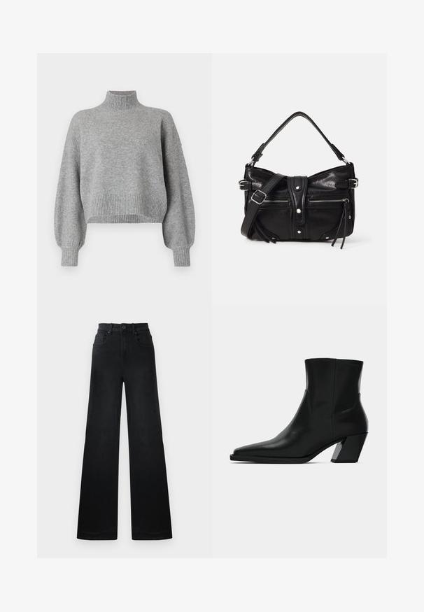 Grijze cropped trui met een hoge halslijn, geribde boorden en zoom, en verlaagde schouders. Zachte textuur met minimale naden.; Zwarte denim broeken met wijde pijpen en een strakke taille, voorzien van riemlussen, voor- en achterzakken, en een gladde textuur.; Zwarte leren enkelboot met een spitse neus, een slanke silhoeet en een chunky vierkante hak. Gladde textuur met minimale stikdetails.; Even&Odd H24462 - Handtas - black