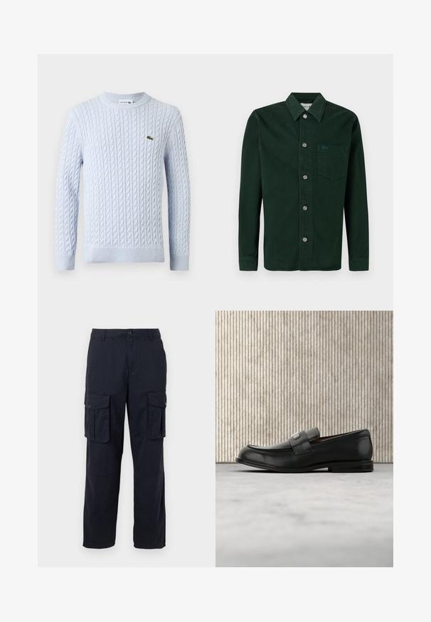 Pull à manches longues en maille torsadée bleu clair avec col rond et petit logo crocodile Lacoste vert brodé sur la poitrine.; Chemise boutonnée vert foncé, en coton, avec une poche poitrine, des boutons argentés et une finition texturée. Logo Lacoste sur la poche.; Pantalon cargo bleu marine avec poches à rabat boutonnées sur les deux cuisses et fermeture boutonnée à la taille.; Mocassin en cuir noir avec une plaque de marque en métal reposant près d'une table ronde marron sur un sol recouvert de moquette beige.
