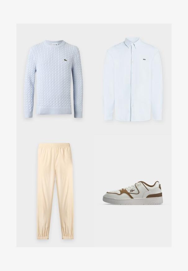 Pull à manches longues en maille torsadée bleu clair avec col rond et petit logo crocodile Lacoste vert brodé sur la poitrine.; Chemise bleu clair à manches longues avec boutons, col boutonné et petit logo crocodile vert sur la poitrine gauche.; Pantalon beige clair à taille élastique avec poignets froncés, coupe droite et tissu lisse, présenté sur un fond clair uni.; Baskets basses blanches et marron avec lacets à l'avant, logo crocodile Lacoste sur le côté et semelle blanche épaisse avec le nom de la marque embossé.