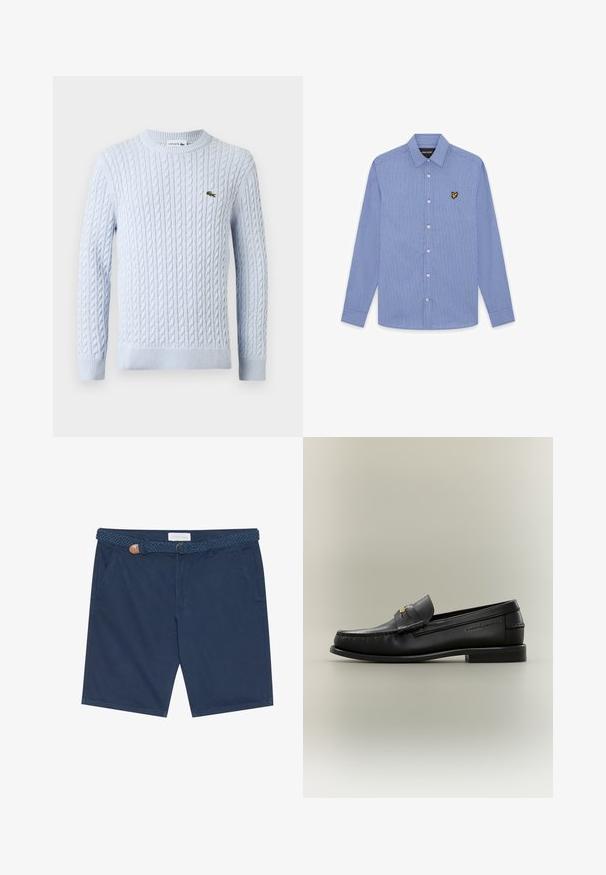 Light blue cable knit long-sleeve sweater with crew neck and small green embroidered Lacoste crocodile logo on the chest.; Blue and white vertical striped long-sleeve button-up shirt with pointed collar and small yellow and black bird logo on left chest.; Navy blue shorts made of cotton, featuring a braided belt with a brown leather accent, side pockets, and a straight cut.; Black leather slip-on loafer with low heel, gold buckle detail, and embossed brand name on the side against a neutral background.