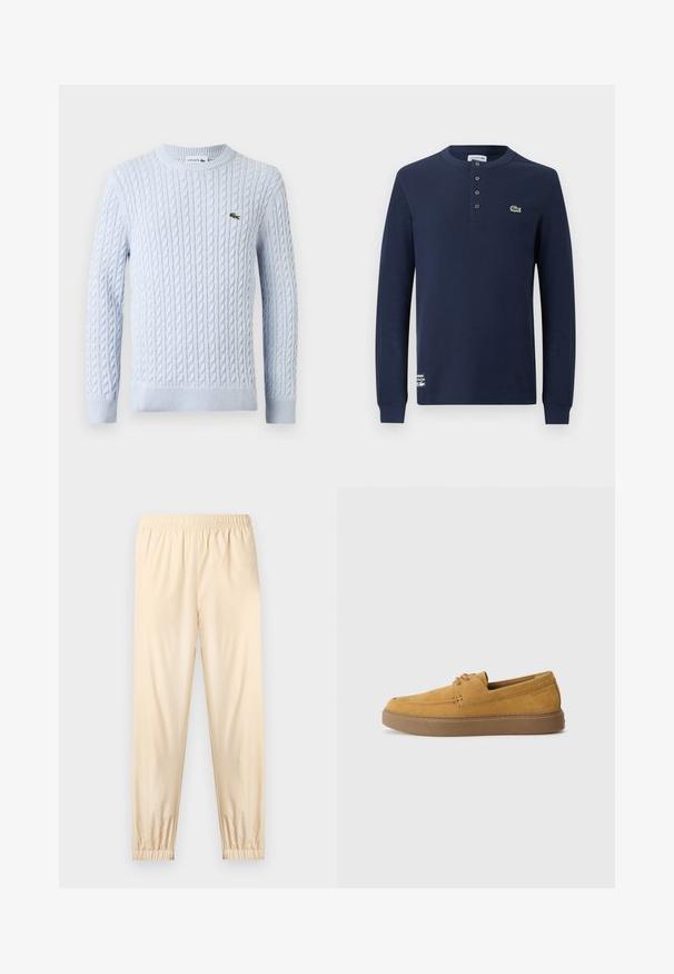 Pull à manches longues en maille torsadée bleu clair avec col rond et petit logo crocodile Lacoste vert brodé sur la poitrine.; Chemise henley bleu marine à manches longues avec texture côtelée, quatre boutons, logo crocodile Lacoste sur la poitrine et étiquette de la marque près de l'ourlet.; Pantalon beige clair à taille élastique avec poignets froncés, coupe droite et tissu lisse, présenté sur un fond clair uni.; Chaussures slip-on en suède marron avec une finition texturée, un bout rond et une semelle en caoutchouc contrastante. Présente une marque discrète près du talon.