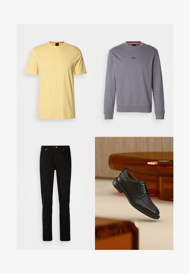 Grauer Sweatshirt aus Baumwolle mit rundem Halsausschnitt, gerippten Bündchen und Saum, mit kleinem "BOSS"-Logo auf der Vorderseite.; Gelbes Rundhals-T-Shirt aus weichem Stoff mit kurzen Ärmeln. Dezentes, in passender Farbe auf der Brust gesticktes "BOSS"-Logo.; Schwarze Jeans mit geradem Bein, vorne mit Knopf- und Reißverschluss, Vorder- und Gesäßtaschen, dargestellt vor einem schlichten hellen Hintergrund.; Schwarzer Leder-Schnürschuh mit texturierter Vorderseite, schwebend über beigem Teppich in einem modernen Raum mit bernsteinfarbenen Möbeln.