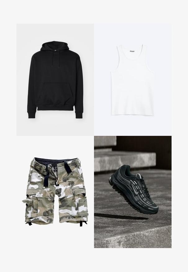 Sudadera negra con capucha, hecha de una suave mezcla de algodón, cuenta con un bolsillo canguro, capucha con cordón, puños acanalados y un corte relajado.; Camiseta sin mangas blanca con cuello redondo y etiqueta de la marca Weekday en el interior del cuello trasero, mostrada plana sobre un fondo claro.; Pantalones cortos de trabajo de camuflaje en tonos verdes y blancos, con múltiples bolsillos, cierre de cremallera y detalles en cuerda de ajuste negra. Tela de algodón con un corte relajado.; Zapatilla Nike Air Max negra y gris flotando sobre escalones de hormigón gris con fondo de suelo texturizado.