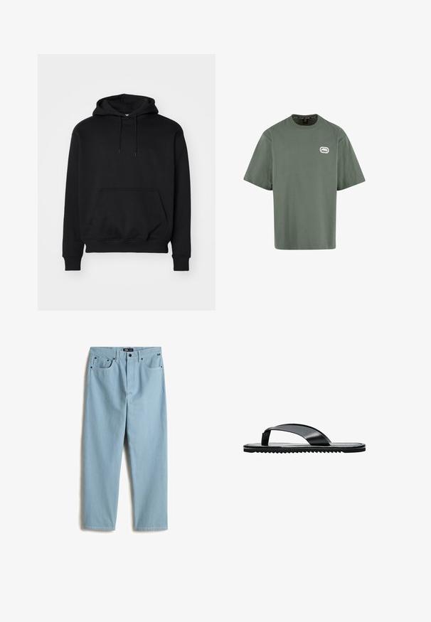 Sweat à capuche noir en mélange de coton doux, doté d'une poche kangourou, d'une capuche avec cordon de serrage, de poignets côtelés et d'une coupe décontractée.; T-shirt en coton vert à manches courtes, col rond, avec un petit logo blanc sur la partie gauche de la poitrine. Texture lisse, coupe décontractée.; Pantalon en denim bleu clair, coupe droite, avec cinq poches, des coutures contrastées discrètes et une étiquette de marque sur la taille.; Sandale tongs plates noires avec une large bride d’orteil et une semelle texturée, vue de profil sur fond blanc.