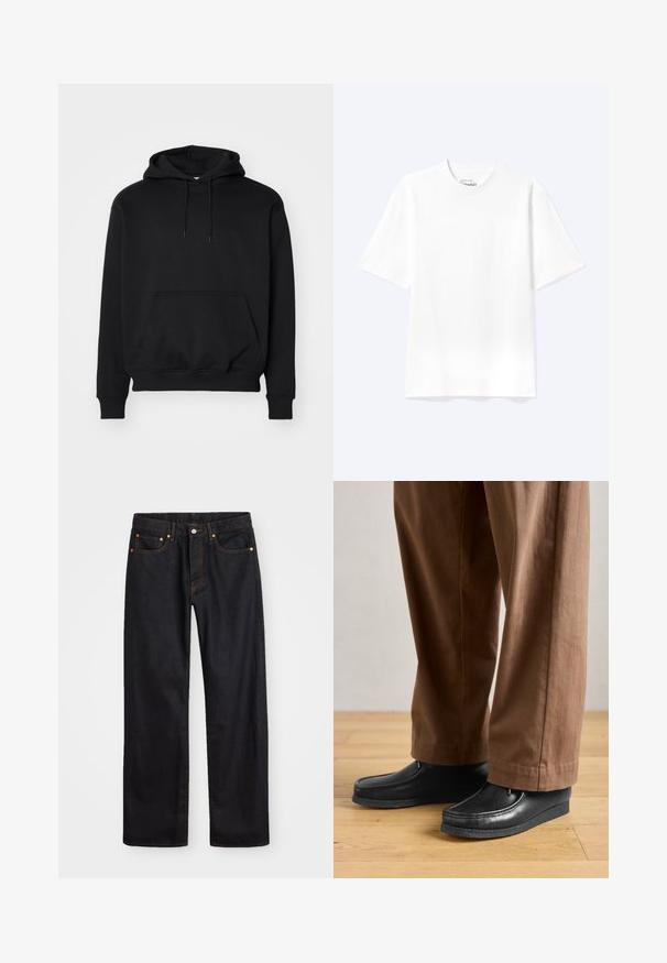 Zwarte pullover hoodie van een zachte katoenmix, beschikt over een kangoeroezak, een trekkoordkap, ribgebreide boorden en een relaxte fit.; Effen witte T-shirt met korte mouwen en ronde hals, met een losse pasvorm, weergegeven op een lichte achtergrond.; Heren straight-leg zwarte denim jeans met vijf zakken en oranje stiksels, knoop- en ritssluiting op de voorkant van de tailleband.; Zwarte leren schoenen met een mocassinstijl en steekdetails, gecombineerd met een paarse broek, op een houten vloer.