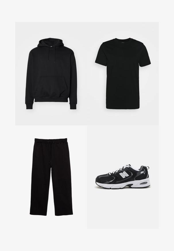 Sweat à capuche noir en mélange de coton doux, doté d'une poche kangourou, d'une capuche avec cordon de serrage, de poignets côtelés et d'une coupe décontractée.; T-shirt noir à manches courtes en coton lisse, avec un col ras du cou et un design simple sans motifs ni accents.; Pantalons de survêtement noirs en tissu doux, avec une taille élastique et un cordon de serrage, deux poches latérales et une coupe décontractée.; Baskets de sport noires et grises avec un tige en mesh et en suède, présentant une semelle intermédiaire blanche, des lacets et un logo "N" audacieux sur le côté.
