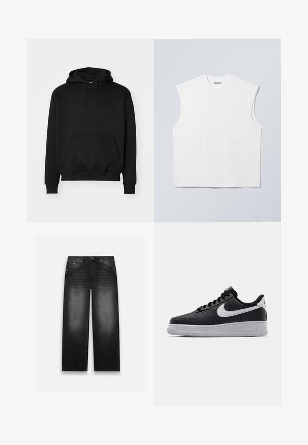 Sort pullover hoodie lavet af blød bomuldsblanding, har en kengurutaske, snøre i hætten, ribbede ærmer, og en afslappet pasform.; Hvid ærmeløs bomulds top med rund hals og markerede skulderpartier, mærket "WEEKDAY" på halsmærket, vist på lys grå baggrund.; Sorte denim jeans med bred bendesign. Har fem lommer, let falmning og solid syning. Knaphul- og lynlås-lukning.; Sort lædersneaker med tekstureret overflade, hvid Nike swoosh, grå sål, rund tå og snørebåndsdesign. Har perforeringer på tåboksen.
