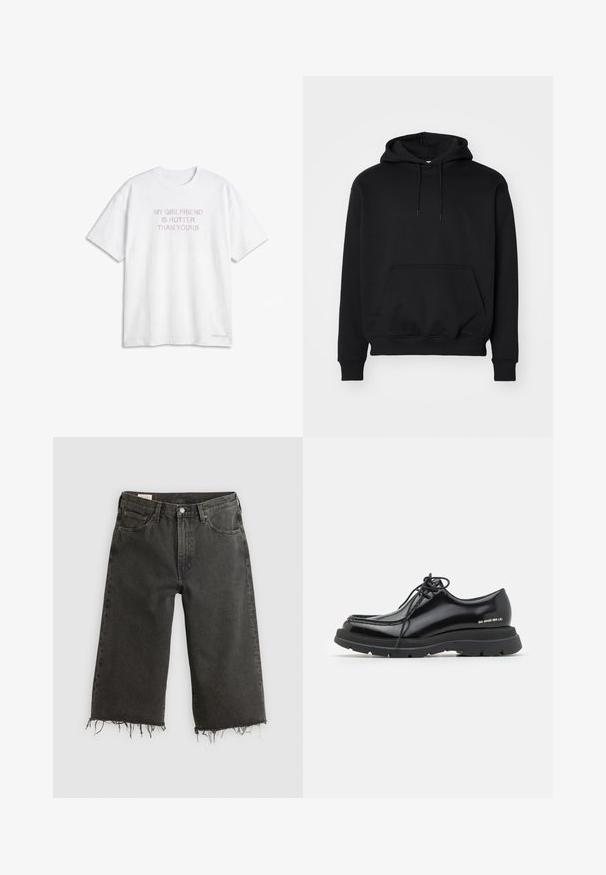 Μαύρο πουλόβερ hoodie από μαλακή σύνθεση βαμβακιού, διαθέτει καπιτονέ τσέπη, κουκούλα με κορδόνια, ριμπ μανσέτες και χαλαρή εφαρμογή.; Λευκό T-shirt με κοντά μανίκια και στρογγυλή λαιμόκοψη, με ανοιχτό ροζ κείμενο "Η ΚΟΠΕΛΑ ΜΟΥ ΕΙΝΑΙ ΠΙΟ ΣΕΞΙ ΑΠΟ ΤΗΝ ΔΙΚΗ ΣΟΥ" στο κέντρο του στήθους.; Μαύρα τζιν παντελόνια φαρδιάς γραμμής με ακατέργαστο στρίφωμα, κατασκευασμένα από τζιν ύφασμα, με πέντε τσέπες και κούμπωμα από μέταλλο. Η υφή είναι ελαφρώς τραχιά.; Μαύρο δερμάτινο παπούτσι με στρογγυλή μύτη, παχύ ελαστικό πάτο, σχέδιο με κορδόνια και χαρακτηριστική ραφή κατά μήκος της άκρης.