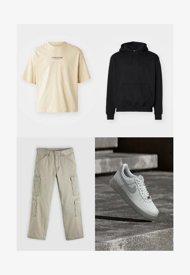 Sort pullover hoodie lavet af blød bomuldsblanding, har en kengurutaske, snøre i hætten, ribbede ærmer, og en afslappet pasform.; Beige bomulds t-shirt med rund hals, korte ærmer og teksten "STUDIO EDITION" i sort print over brystet.; Lysegrå cargobukser lavet af bomuld. Har flere sidelommer, lige ben og kontrasterende syninger. Lynlås og knaplukning foran.; Hvid Nike Air Force 1 sneaker, der svæver over en tekstureret betongulv med stenetrin i baggrunden.